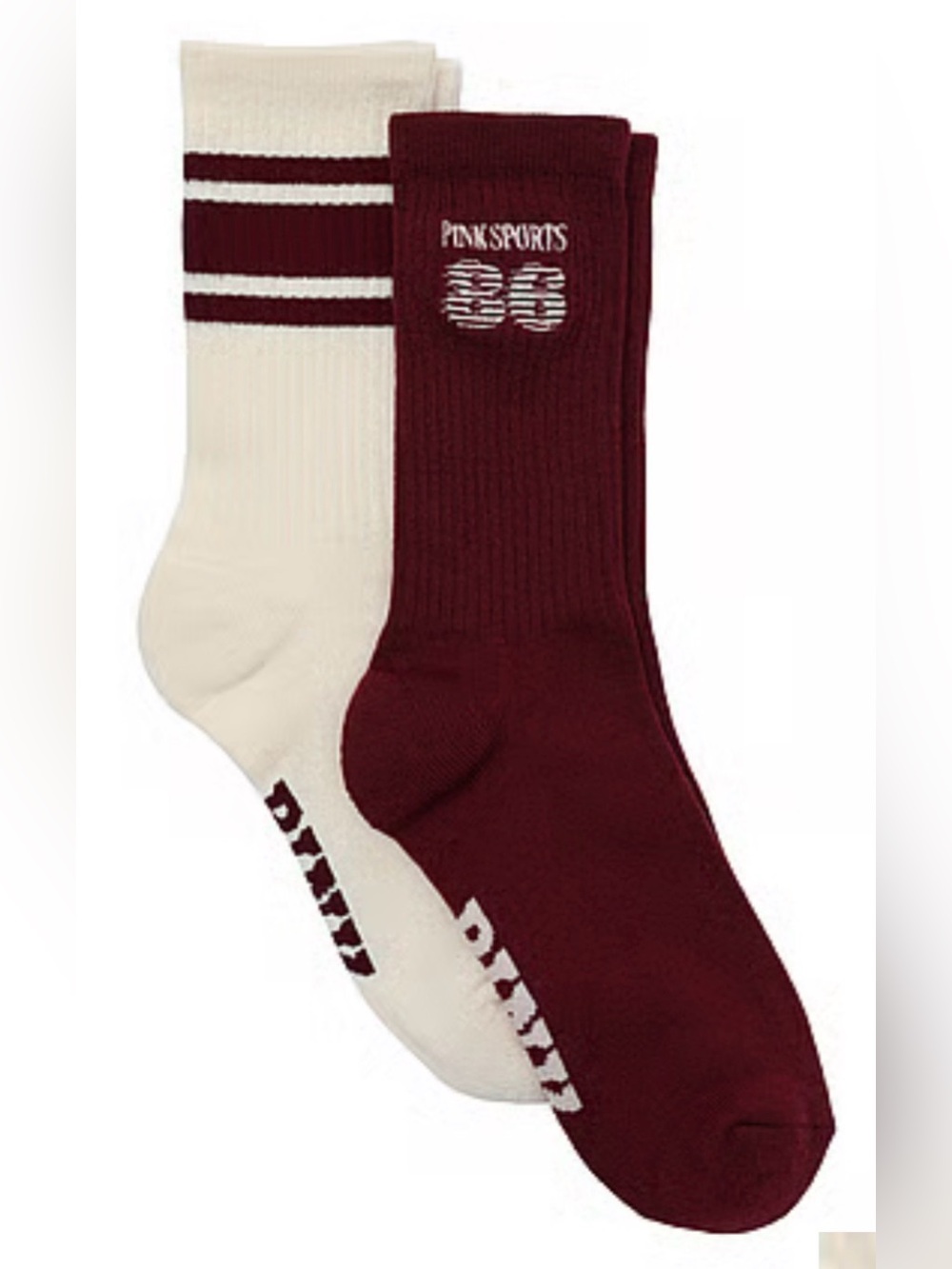 PINK Victoria's Secret Maroon & Cream Ribbed Athletic 2 Pack Crew Socks - New